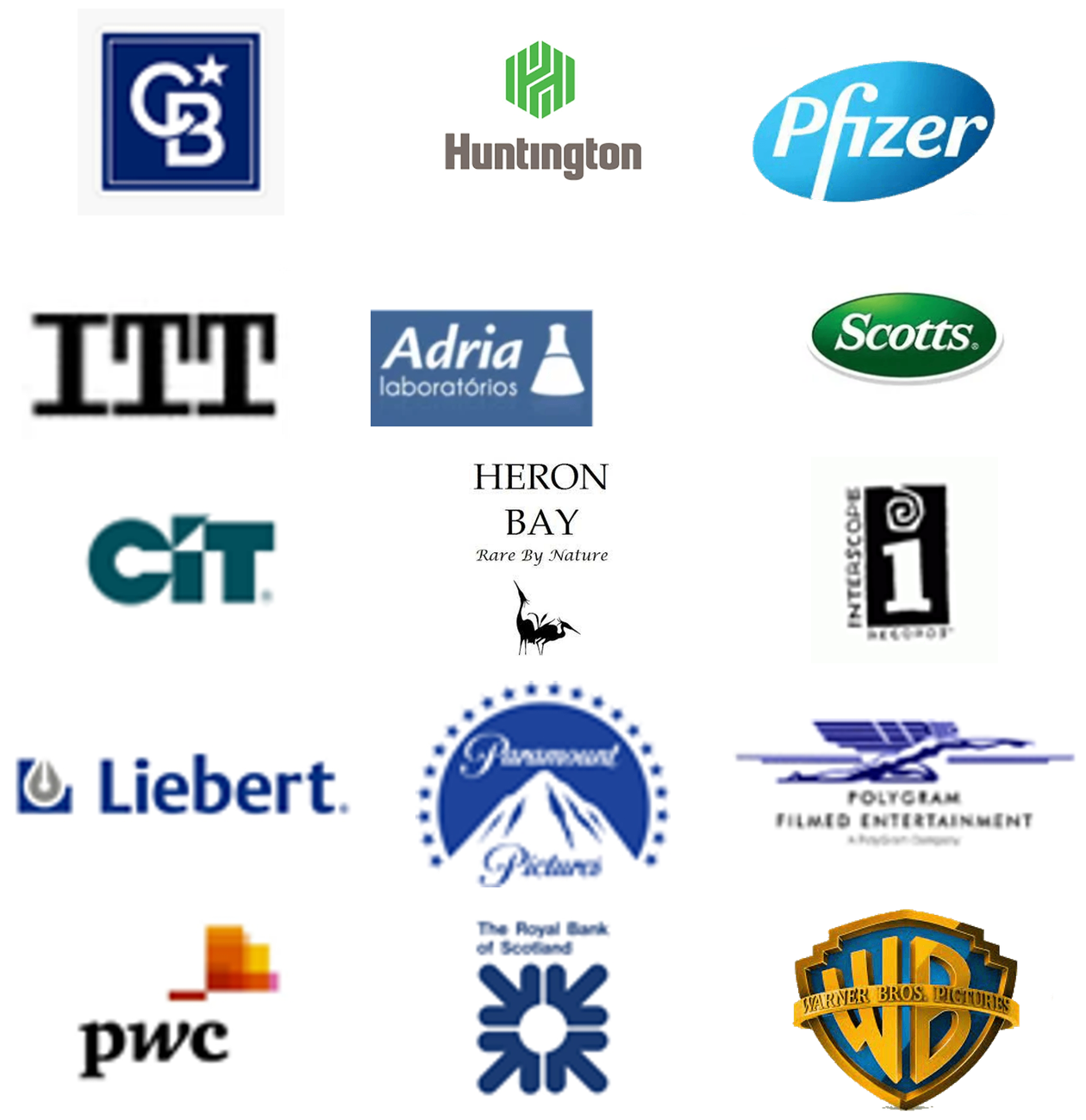 Selected organizations associated with Manex engagements, including Coldwell Banker, Huntington, Pfizer, ITT, Adria Laboratories, Scotts, CIT, Heron Bay, Interscope Records, Liebert, Paramount Pictures, PolyGram Filmed Entertainment, PwC, Royal Bank of Scotland and Warner Bros. Pictures.