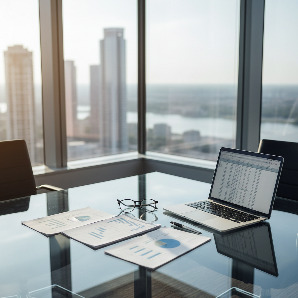 A sleek glass conference table with neatly arranged financial reports, a brushed aluminum laptop, and a pair of minimalist black-framed eyeglasses resting beside a stainless steel pen. The table sits in a high-rise corner office with floor-to-ceiling windows revealing a softly blurred city skyline. Late afternoon natural light pours in, reflecting subtly off the polished surfaces and casting clean, gentle shadows. Shot at eye level with sharp focus in the foreground and a gradual blur toward the windows, the composition feels balanced and professional. The photographic realism emphasizes clarity, calm confidence, and trust, visually representing a high-end financial consulting environment without any people present.