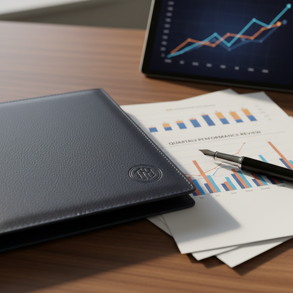A close-up of a dark navy leather portfolio opened on a refined walnut desk, revealing neatly stacked printed financial charts, a subtle embossed logo on the cover, and a high-end fountain pen with a chrome clip resting diagonally across a summary page. In the background, slightly blurred, a tablet displays an abstract line graph with upward motion. Warm, indirect office lighting creates a gentle glow on the leather texture and paper edges, with soft shadows adding depth. Photographic realism, shot from a low, side angle, creates an intimate, detail-rich composition that suggests meticulous preparation, expertise, and executive-level consulting services.