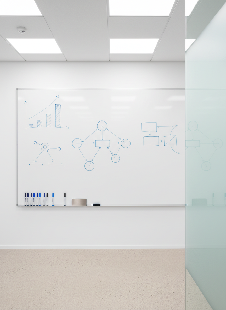 A minimalist whiteboard wall in a modern office, covered with cleanly drawn but intentionally blurred diagrams, rising bar charts, and flow arrows, all in muted blue and gray marker tones. At the base, a slim ledge holds neatly arranged markers and a small metallic eraser. The floor is light concrete with subtle texture, and a partial glass partition appears out of focus on one side. Bright, evenly diffused overhead lighting creates a crisp, shadow-free environment. Photographed straight-on with sharp focus across the surface, the image has a contemporary, photographic aesthetic that communicates strategy sessions, financial planning frameworks, and structured problem-solving without depicting any people.