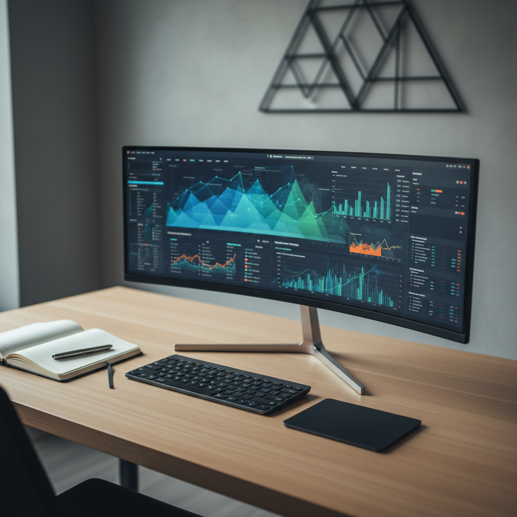 An organized, modern workstation featuring a large ultra-wide monitor displaying an abstract dashboard of blurred charts and graphs, a slim wireless keyboard, and a matte black notebook slightly open beside a metallic pen. The desk is a smooth, light oak surface against a neutral gray wall with a single geometric art piece out of focus. Cool, diffused daylight from an unseen window illuminates the scene, creating soft highlights on the monitor edges and keyboard. Captured from a slightly elevated angle with a shallow depth of field, the image has a clean, photographic look that conveys analytical precision, strategic thinking, and professional financial planning.
